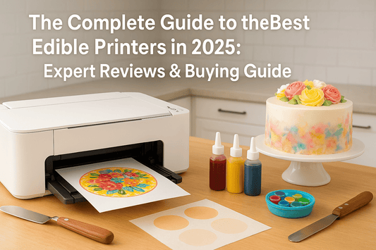 White edible printer printing a floral icing sheet topper next to a decorated cake and edible ink bottles on a kitchen countertop