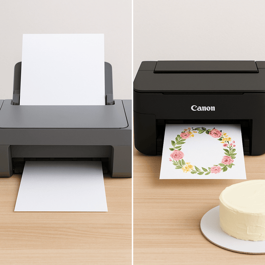Side-by-side comparison of a regular printer and an edible printer setup for cake decorating
