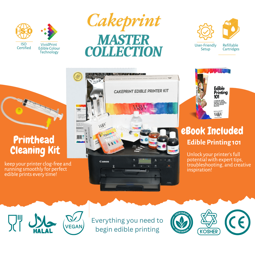 Edible printer kit with Canon TS705A, inks, cartridges, cleaning tools and guides