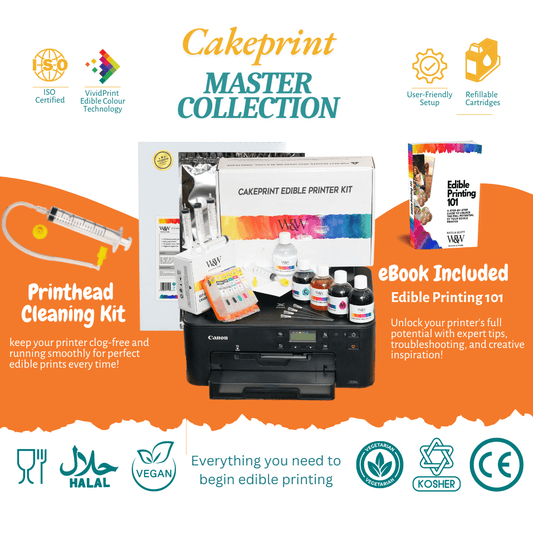 Edible printer kit with Canon TS705A, inks, cartridges, cleaning tools and guides