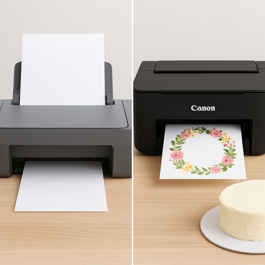 Side-by-side comparison of a regular printer and an edible printer setup for cake decorating