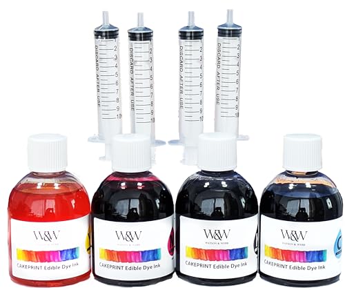 Edible Ink, Watson & Webb Cakeprint 4 X 100ml for All Refillable Inkjet Printers or Freehand Painting - VividPrint Colour Technology, ISO-Certified Safety for Cupcake, Cookie & Cake Decorating.