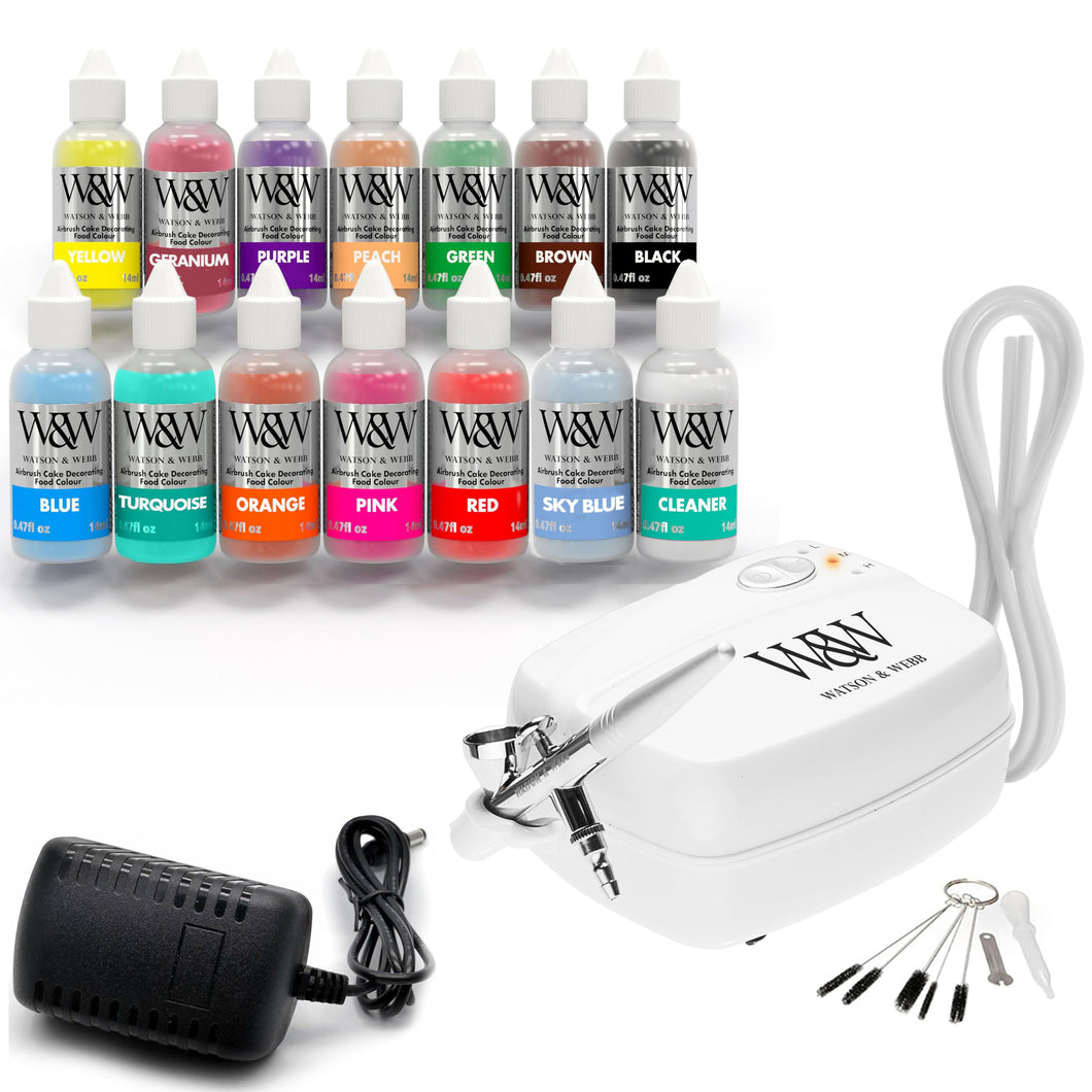 Watson & Webb Airbrush Cake Decorating Kit. Airbrush Kit & 13 Bottle Color Set