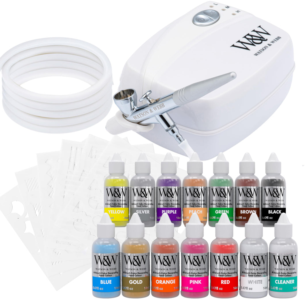 Watson & Webb Essentials Selection - 17pcs Cake Airbrush Decorating Kit - Inc Professional 3 Speed Mains Powered Spray Gun, 13 Vibrant Colours, and Tools - for Food, Cakes, Cookies & Baking