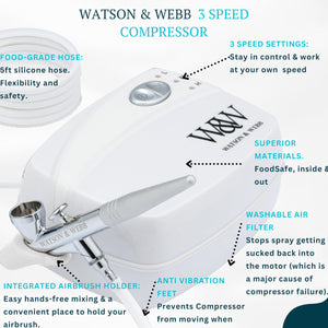 Watson & Webb Essentials Selection - 17pcs Cake Airbrush Decorating Kit - Inc Professional 3 Speed Mains Powered Spray Gun, 13 Vibrant Colours, and Tools - for Food, Cakes, Cookies & Baking