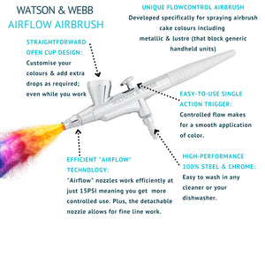 Watson & Webb Essentials Selection - 17pcs Cake Airbrush Decorating Kit - Inc Professional 3 Speed Mains Powered Spray Gun, 13 Vibrant Colours, and Tools - for Food, Cakes, Cookies & Baking